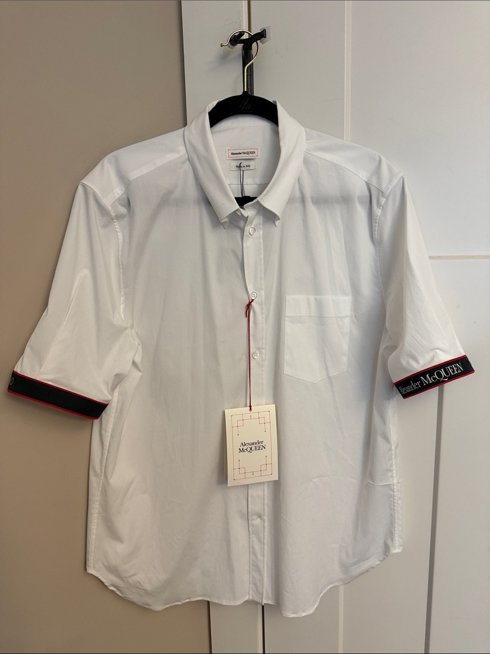 Alexander McQueen White Short-Sleeve Button-Down Shirt with Black & Red Trim